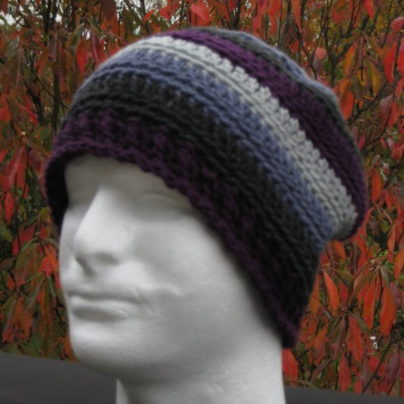 Plum Gray Stripe Hand Knit / Crochet Unisex  Winter Beanie NEW - Picture 10 of 11